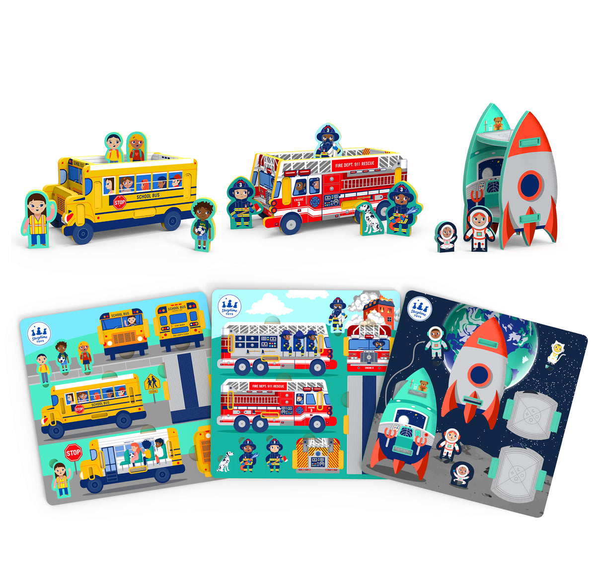 Transportation Trio Bundle: School Bus, Fire Truck and Spaceship (3 Puzzles)