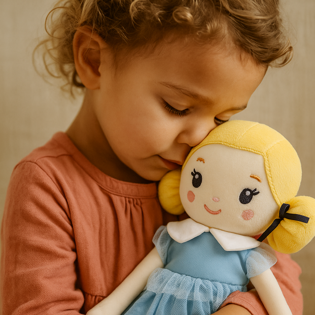 Child holding a doll with a yellow bow and blue dress against a neutral background